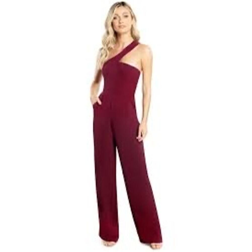 Dress The Population Filippa Jumpsuit Plus Sz Xxl Burgundy One Shoulder Wide Leg